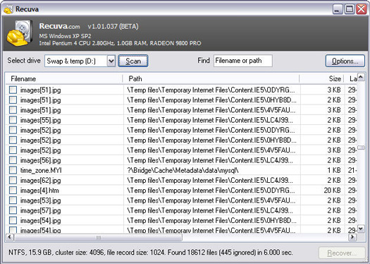 Recuva 1.01.037 beta screenshot (resized)