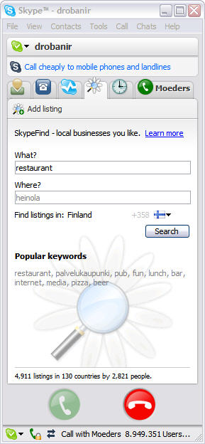Skype for Windows 3.1 screenshot met SkypeFind (non beta)