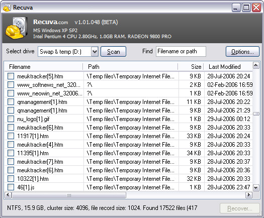 Recuva 1.01.048 beta screenshot