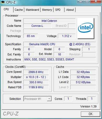 CPU-Z screenshot van Celeron 440 @ 3,0GHz