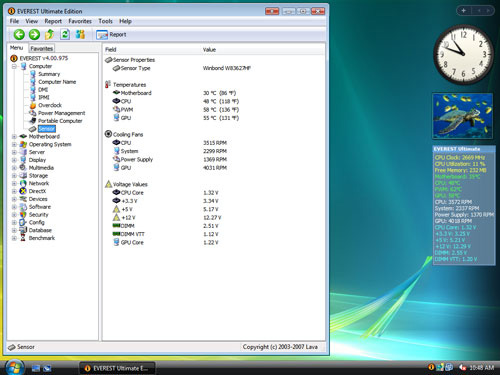Everest 4.00 met informatie in de Windows Vista sidebar (klein)