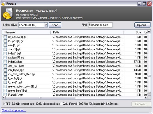 Recuva 1.01.057 beta screenshot (resized)