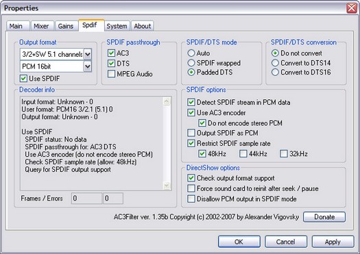 SPDIF-scherm in AC3Filter 1.35b (resized)