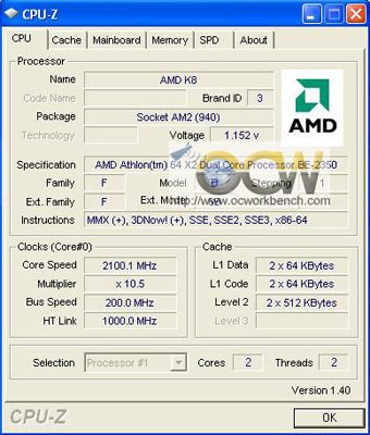 CPU-Z-screenshot van Athlon 64 X2 BE-2350