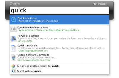 Google Desktop for Mac - Quick Search Box Results