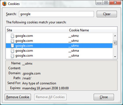 Google cookies in Firefox