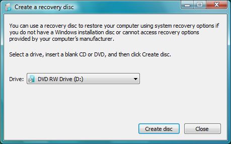Windows Vista SP1 - Create recovery disk