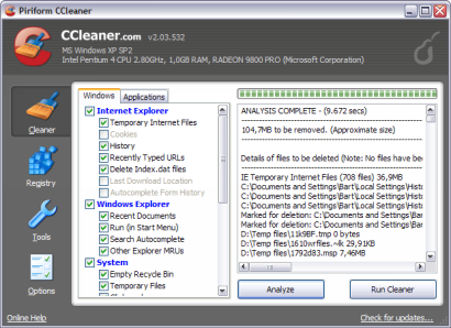 Crap Cleaner 2.03.532 screenshot (410 pix)