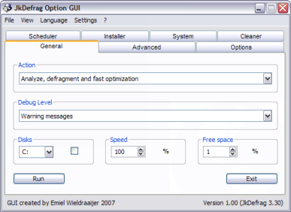 JkDefragGUI 1.00 screenshot (410 pix)