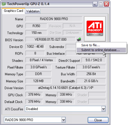 GPU-Z 0.1.4 screenshot - BIOS wegschrijven (410 pix)