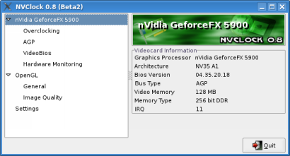 NVClock 0.8 beta 2 screenshot (410 pix)