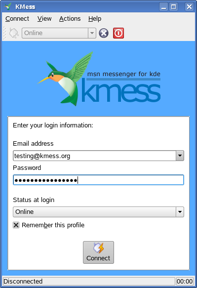 KMess 1.5 inlogscherm