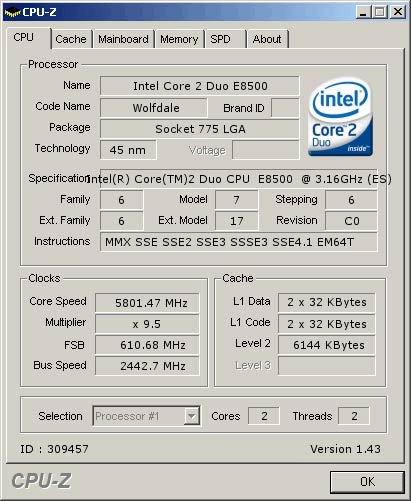 E8500 geklokt op 5,8GHz