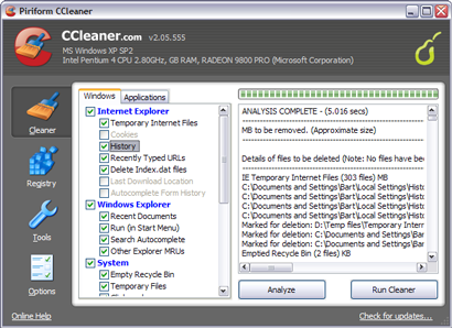 Crap Cleaner 2.05.555 screenshot (410 pix)