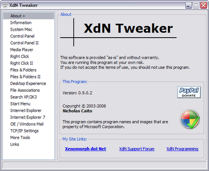XdN Tweaker 0.9.0.2 screenshot (410 pix)