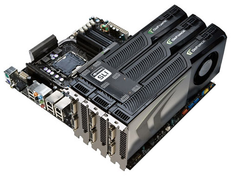 nVidia GeForce 280 GTX-kaarten in drieweg sli-opstelling nVidia GeForce 280 GTX-kaarten in drieweg sli-opstelling
