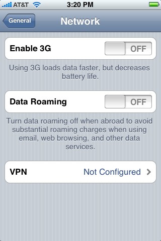 Menu voor roaminginstellingen op Apple iPhone 3G