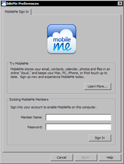 Configuratiescherm Mobileme in Windows XP