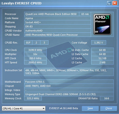 Everest screenshot AMD Phenom @ 3,2GHz