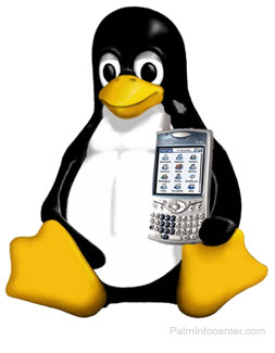 Linux' boegbeeld Tux met Palm Treo-smartphone Linux' boegbeeld Tux met Palm Treo-smartphone