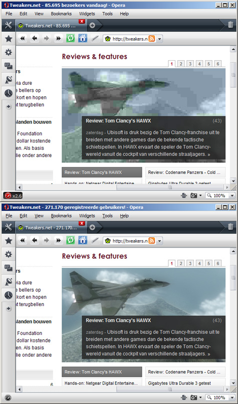 Opera Turbo-rendering van Tweakers.net-frontpage, met en zonder compressie