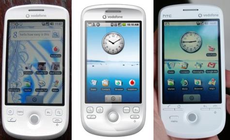 Drie keer de HTC Magic: links is de versie die in de winkel komt te liggen Drie keer de HTC Magic: links is de versie die in de winkel komt te liggen