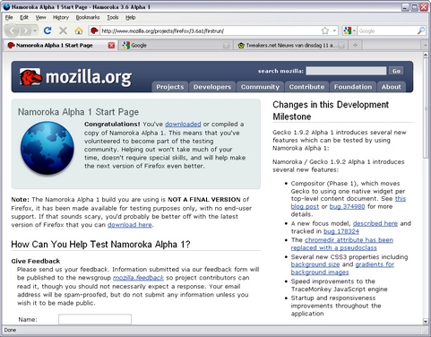 Mozilla Firefox 3.6 alpha 1 screenshot (481 pix) Mozilla Firefox 3.6 alpha 1 screenshot (481 pix)