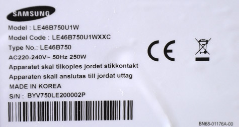 Samsung LE46B750 productlabel Samsung LE46B750 productlabel