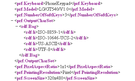 Gedeelte van User Agent Profile LG GT540