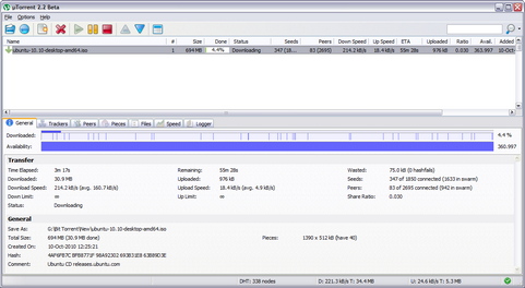 µTorrent 2.2 screenshot