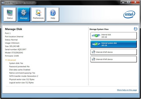 Intel Rapid Storage Technology screenshot (481 pix)