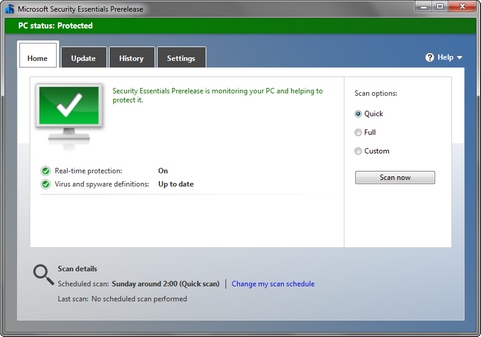 Microsoft Security Essentials 4.1.509.0 prerelease screenshot (481 pix)