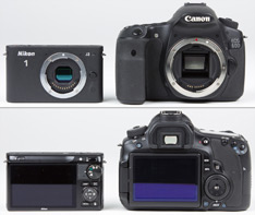 Nikon 1 J2 versus Canon EOS 60D front back