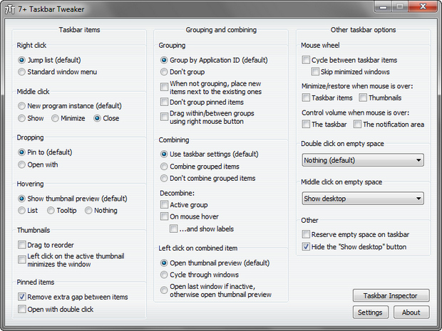 7+ Taskbar Tweaker 4.0 screenshot (620 pix)