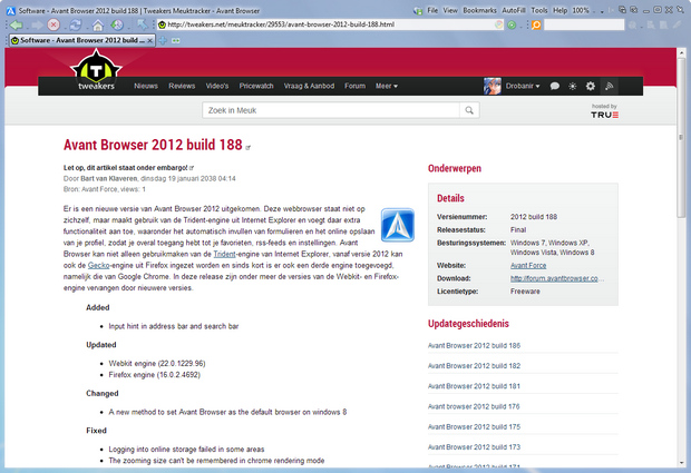 Avant Browser 2012 build 188 screenshot (620 pix)