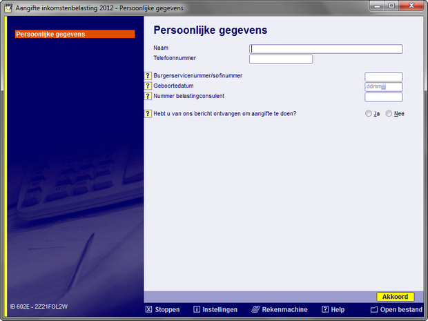 Belastingdienst Aangifteprogramma 2012 screenshot (620 pix)