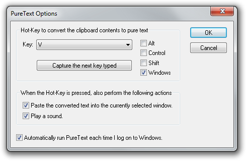 PureText opties screenshot