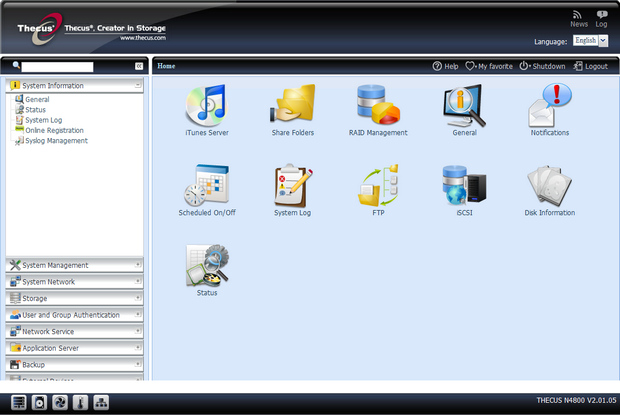 Thecus gebruikersinterface screenshot (620 pix)