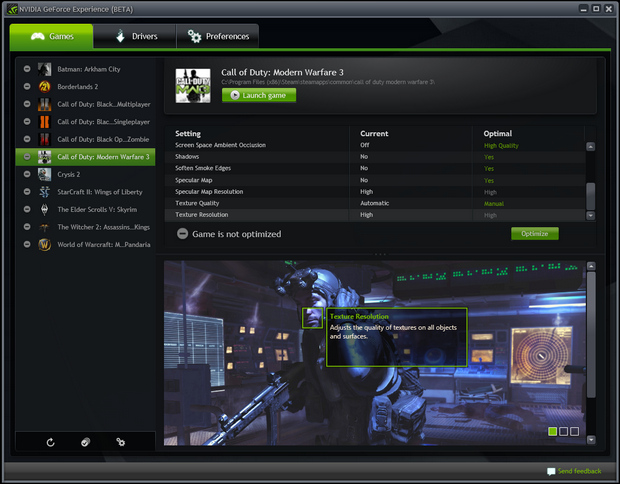nVidia GeForce Experience screenshot (620 pix)
