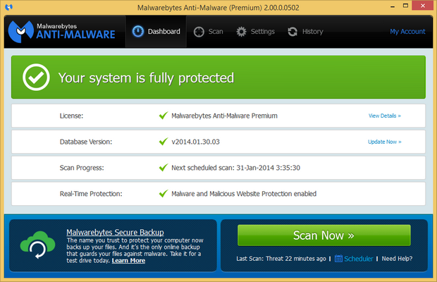 Malwarebytes' Anti-Malware 2.0 screenshot (620 pix)