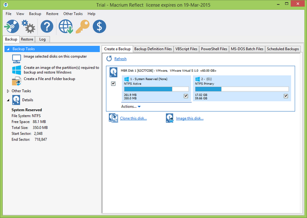 Macrium Reflect 6.0 Home screenshot (620 pix)