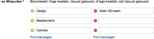 Plus- en minpunten in reviewformulier