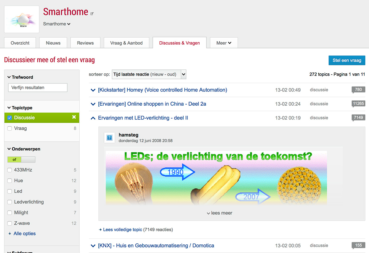 Topictypefilter en uitgeklapte topicstart in dicussies & vragen-tab