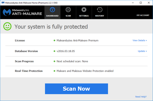 Malwarebytes' Anti-Malware 2.2.1 screenshot (620 pix)