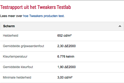 Testresultaten op specificatietab