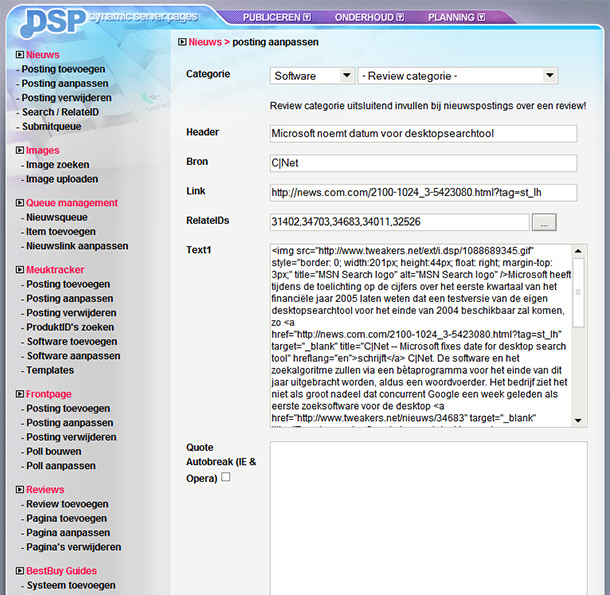 DSP2k nieuwsbericht aanpassen