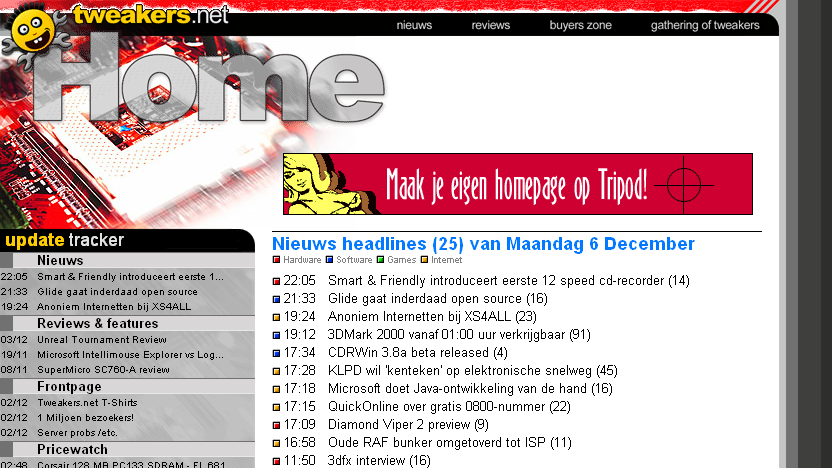 Frontpage van Tweakers in december 1999