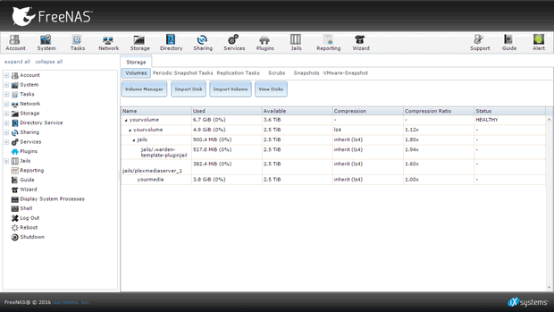 FreeNAS 9.10 - Volumes screenshot (620 pix)
