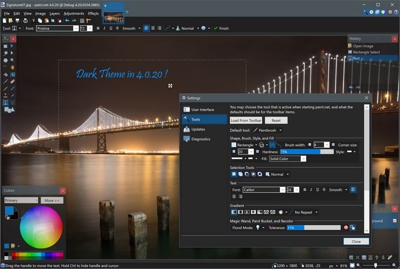 Paint.NET 4.0.20 dark theme screenshot (810 pix)