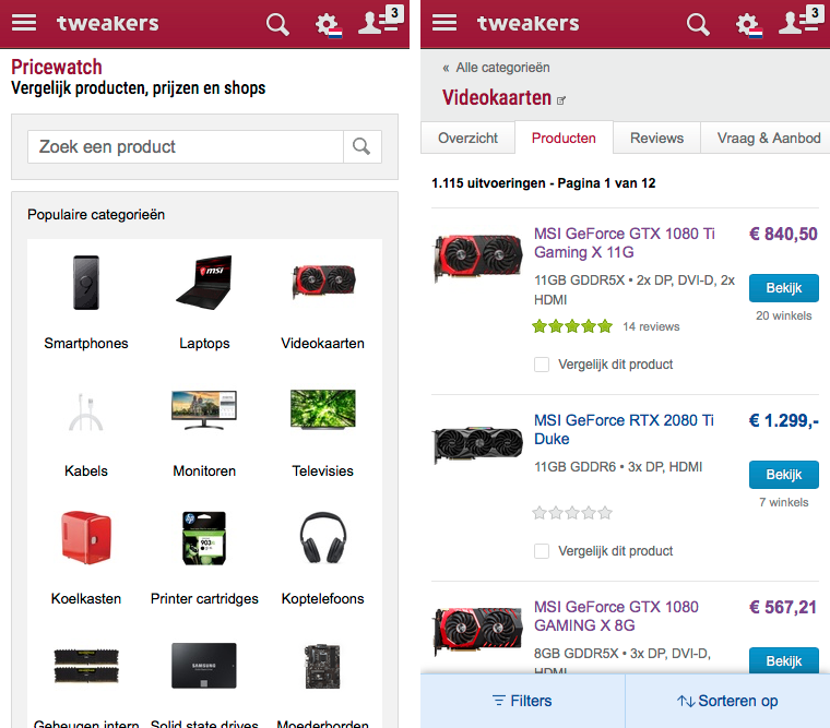 Categoriebrowser en mobiele filters